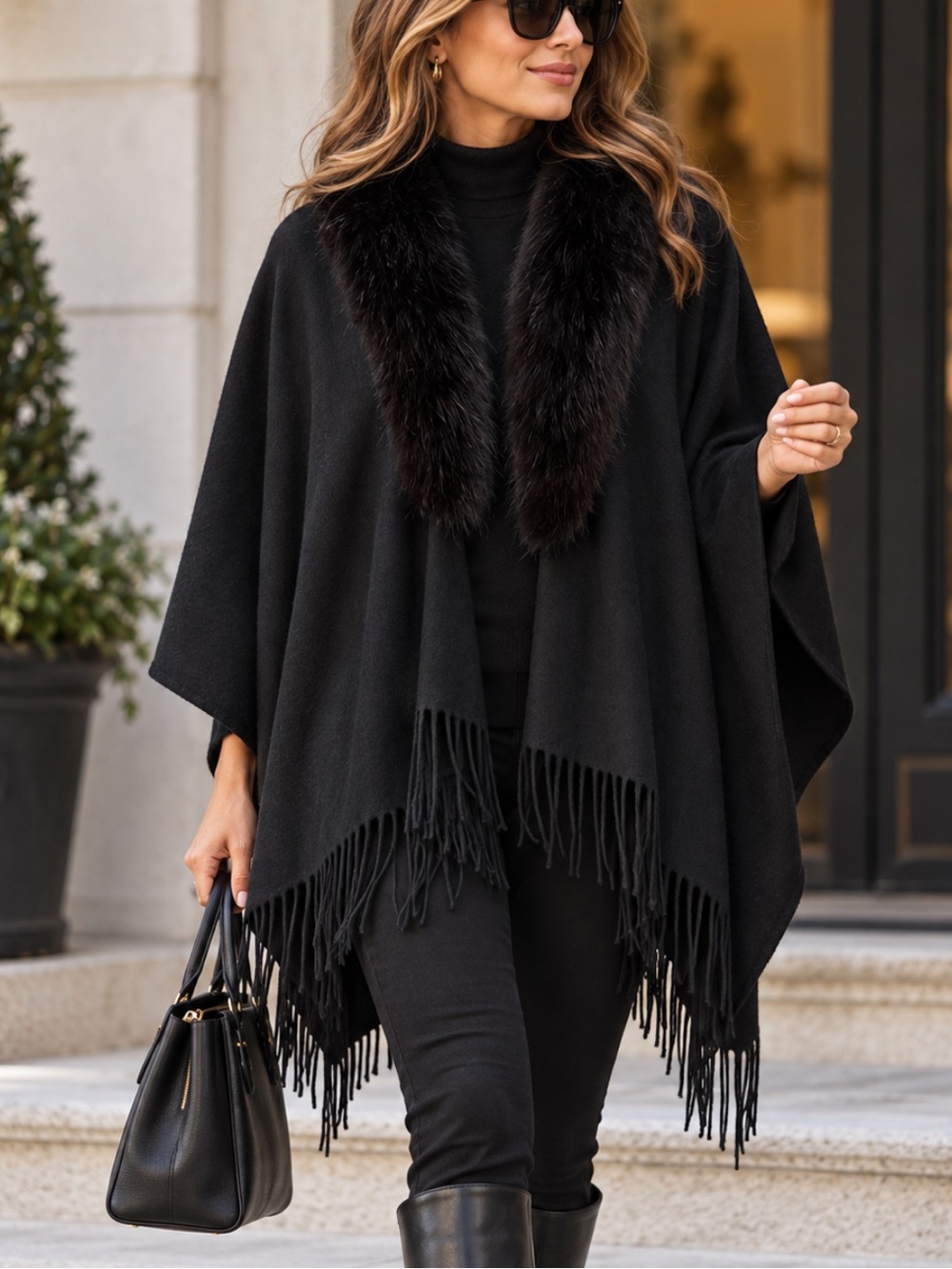 J. Crew Black Wool Fringe Poncho with Faux Fur Trim